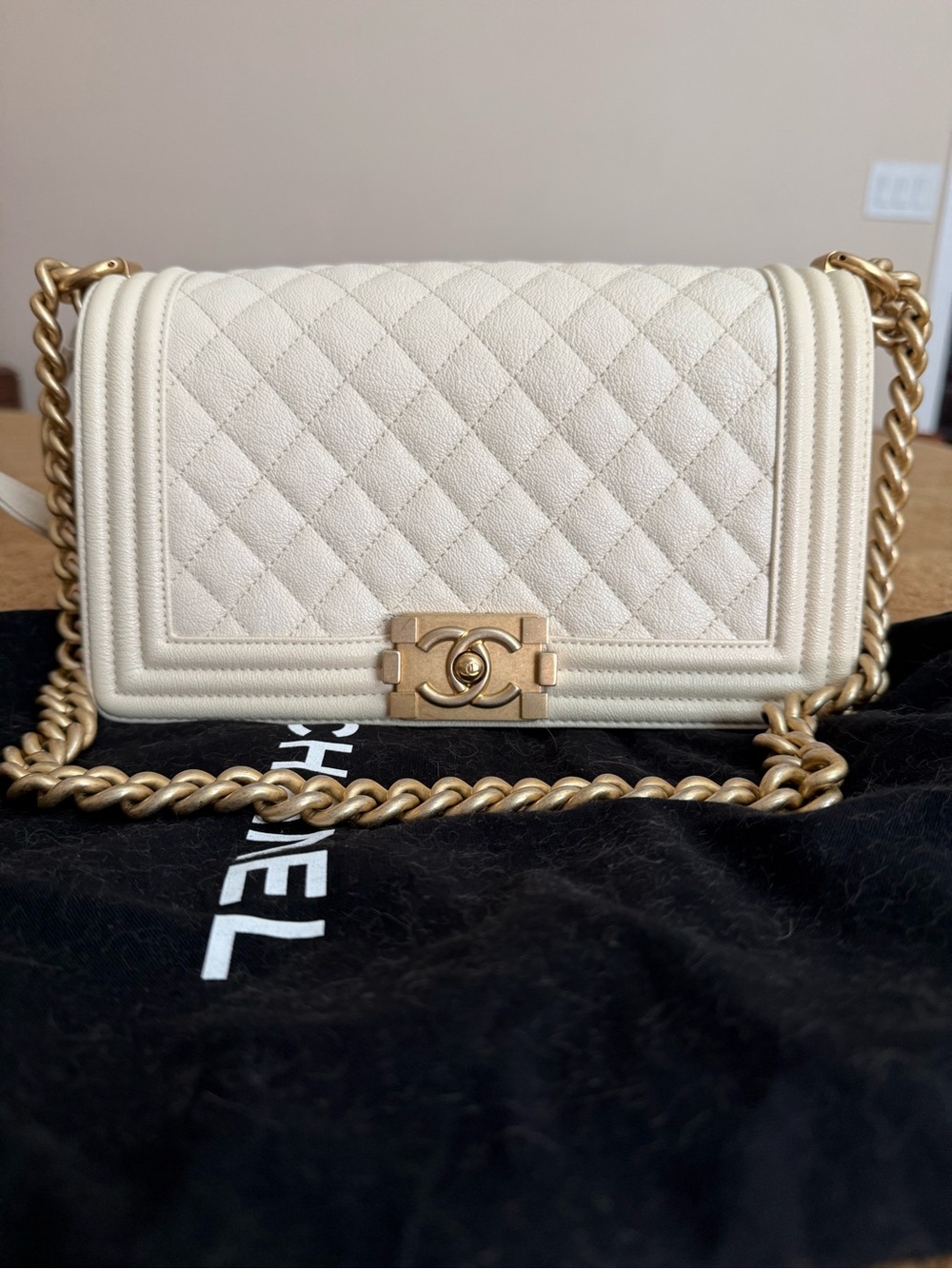 Chanel Quilted Boy Bag in Ivory caviar leather w/Gold Hardware duster, COA